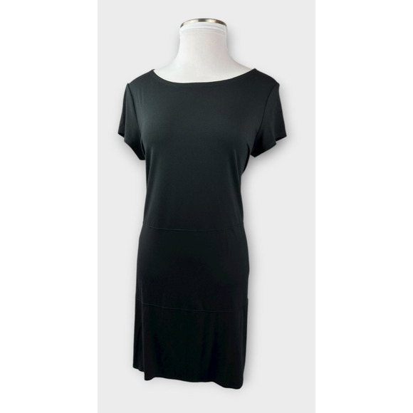 Eileen Fisher Stretch Jersey Knit Round Neck Dress Short Sleeve Pockets Black XL - Picture 14 of 16